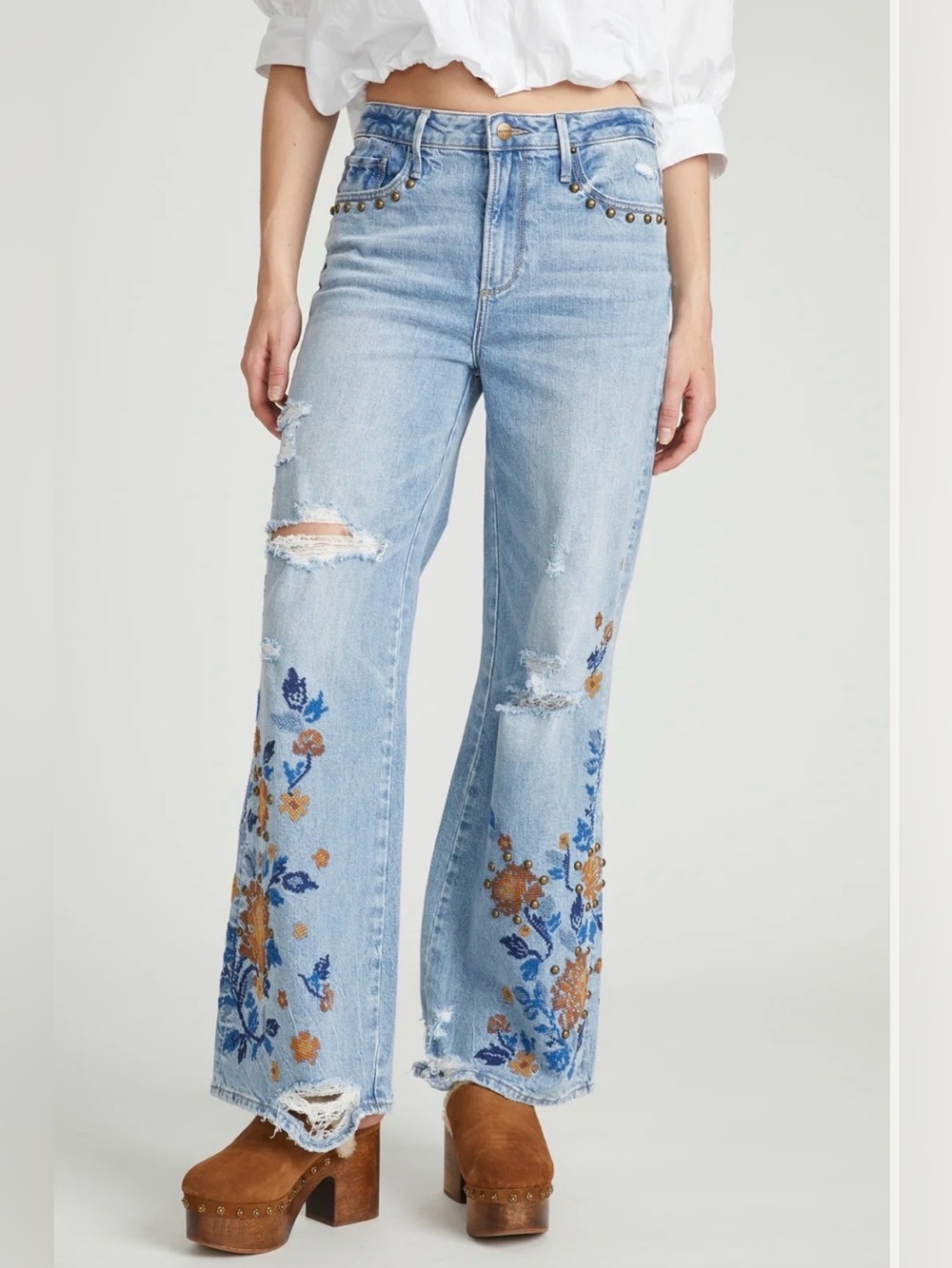 Brand New Sz 26 driftwood Marlena wide leg  jean with floral embroidery